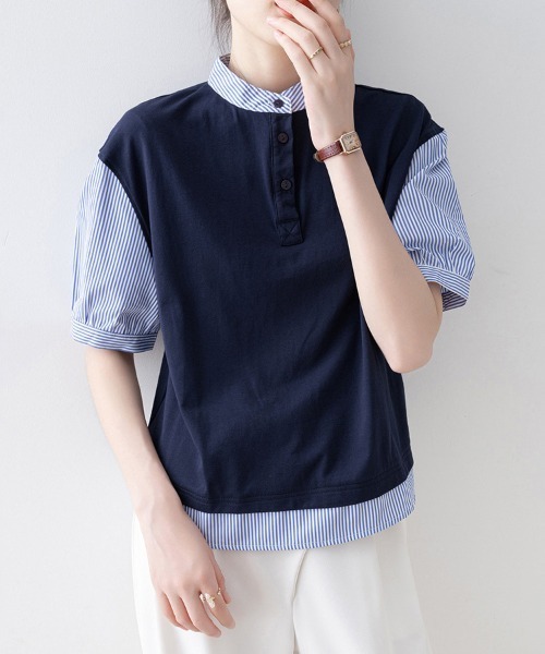 ONEP STAR（ワンピスター）の「重ね着風ストライプ切替ブラウス（シャツ/ブラウス・レディース・ネイビー・X-LARGE/LARGE/MEDIUM）」の9枚目の写真