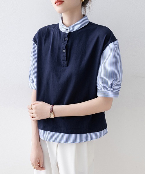 ONEP STAR（ワンピスター）の「重ね着風ストライプ切替ブラウス（シャツ/ブラウス・レディース・ネイビー・X-LARGE/LARGE/MEDIUM）」の10枚目の写真