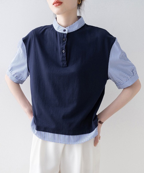 ONEP STAR（ワンピスター）の「重ね着風ストライプ切替ブラウス（シャツ/ブラウス・レディース・ネイビー・X-LARGE/LARGE/MEDIUM）」の11枚目の写真
