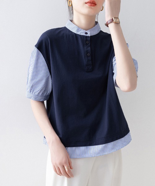 ONEP STAR（ワンピスター）の「重ね着風ストライプ切替ブラウス（シャツ/ブラウス・レディース・ネイビー・X-LARGE/LARGE/MEDIUM）」の12枚目の写真