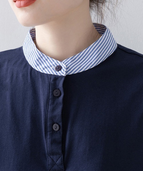 ONEP STAR（ワンピスター）の「重ね着風ストライプ切替ブラウス（シャツ/ブラウス・レディース・ネイビー・X-LARGE/LARGE/MEDIUM）」の4枚目の写真