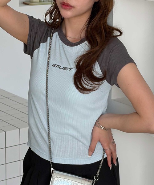 muet.（ミュエ）の「ロゴ刺繍配色ラグランコンパクトＴシャツ（Tシャツ/カットソー・レディース・ピンク/ブルー・MEDIUM/LARGE）」の6枚目の写真