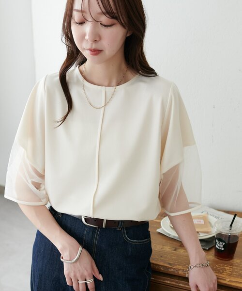 DISCOAT（ディスコート）の「【WEB限定】袖シアーカットカルゼTシャツ（Tシャツ/カットソー・レディース・ブラック/アイボリー/ミント・MEDIUM）」の3枚目の写真