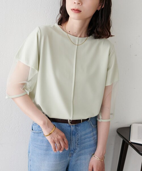 DISCOAT（ディスコート）の「【WEB限定】袖シアーカットカルゼTシャツ（Tシャツ/カットソー・レディース・ブラック/アイボリー/ミント・MEDIUM）」の2枚目の写真