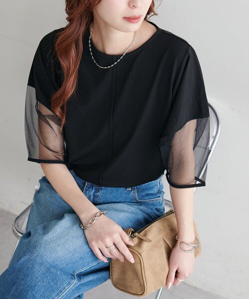 DISCOAT（ディスコート）の「【WEB限定】袖シアーカットカルゼTシャツ（Tシャツ/カットソー・レディース・ブラック/アイボリー/ミント・MEDIUM）」の15枚目の写真
