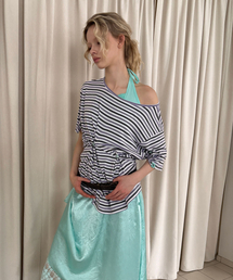 BUTTON STRIPE TENCEL T-SHIRT / purple