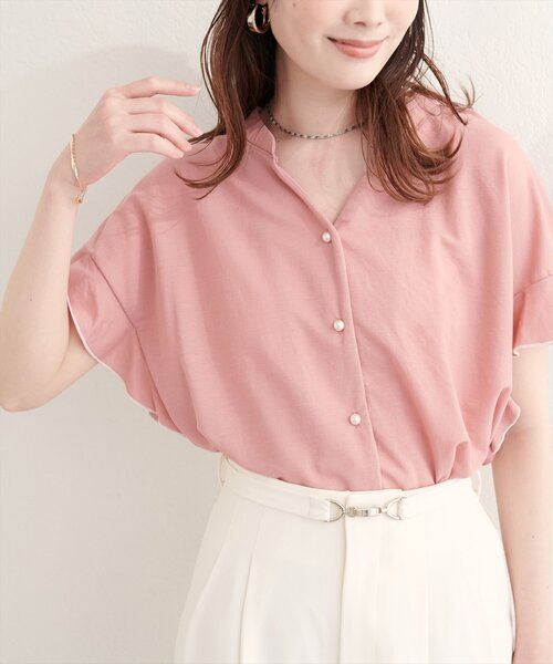 24SS Apuweiser-riche 袖フリルパールブラウス ピンク Apuweiser-riche 