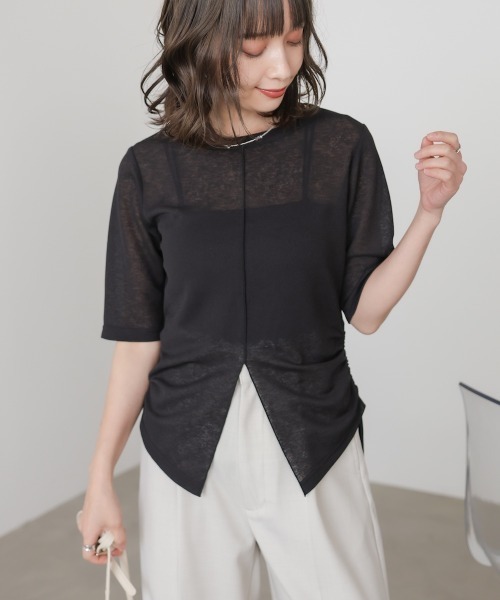 Bab(バブ)の「シアーリボンヘムスリットトップス(Tシャツ/カットソー・レディース・ライトピンク/アイボリー/ブラック・FREE)」の11枚目の写真