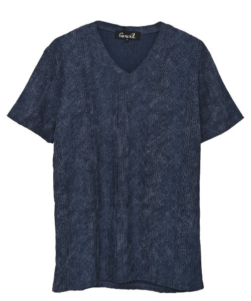 CavariA(キャバリア)の「『CavariA/キャバリア』汚し加工格子ケーブル半袖VネックTEE(Tシャツ/カットソー・メンズ・ネイビー/グレー/ブラック・XL/L/M)」の12枚目の写真