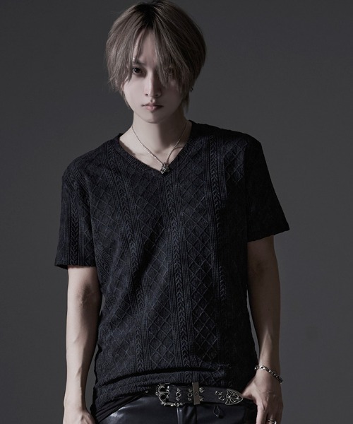 CavariA(キャバリア)の「『CavariA/キャバリア』汚し加工格子ケーブル半袖VネックTEE(Tシャツ/カットソー・メンズ・ネイビー/グレー/ブラック・XL/L/M)」の14枚目の写真