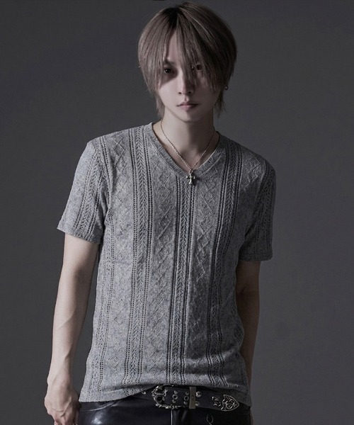 CavariA(キャバリア)の「『CavariA/キャバリア』汚し加工格子ケーブル半袖VネックTEE(Tシャツ/カットソー・メンズ・ネイビー/グレー/ブラック・XL/L/M)」の18枚目の写真