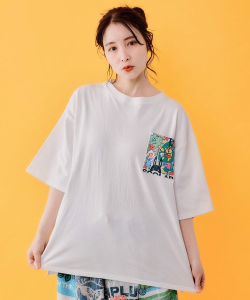 ScoLar(スカラー)の「ScoLar(スカラー) カートゥーン風 スカラーワールド柄Tシャツ(Tシャツ/カットソー・レディース・オフホワイト/チャコールグレー/イエロー/ピンク・MEDIUM)」の6枚目の写真