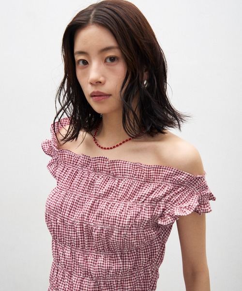 Lutim by u(ルチバイユー)の「シャーリング2wayキャミトップス(Tシャツ/カットソー・レディース・ブルー/レッド/ブラック/ホワイト・FREE)」の15枚目の写真