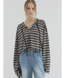 Cropped Stripe Loose Fit Collar Top_Black