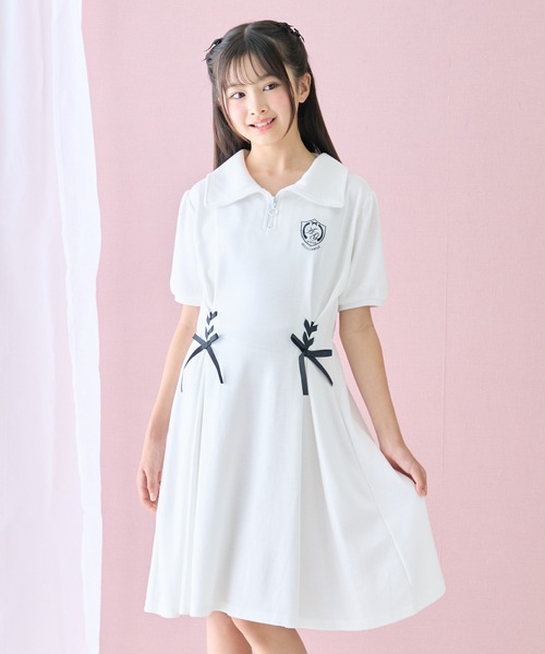 Amourire girl(アムリールガール)の「レースアップハーフジップ半袖ワンピースドレス(ワンピース・キッズ・ブラック/オフホワイト・140cm/150cm/160cm/130cm)」の1枚目の写真