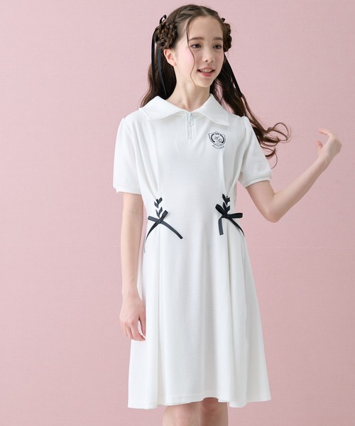 Amourire girl(アムリールガール)の「レースアップハーフジップ半袖ワンピースドレス(ワンピース・キッズ・ブラック/オフホワイト・140cm/150cm/160cm/130cm)」の3枚目の写真