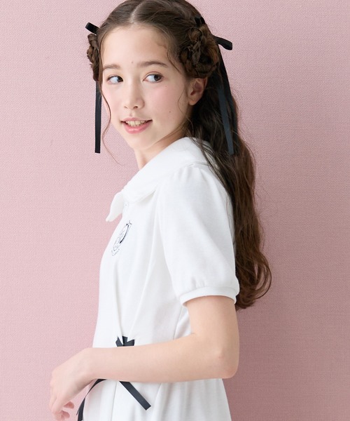 Amourire girl(アムリールガール)の「レースアップハーフジップ半袖ワンピースドレス(ワンピース・キッズ・ブラック/オフホワイト・140cm/150cm/160cm/130cm)」の5枚目の写真