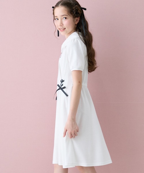 Amourire girl(アムリールガール)の「レースアップハーフジップ半袖ワンピースドレス(ワンピース・キッズ・ブラック/オフホワイト・140cm/150cm/160cm/130cm)」の6枚目の写真