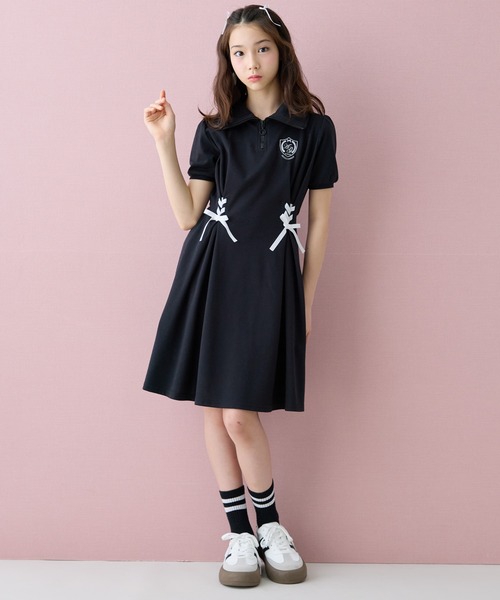 Amourire girl(アムリールガール)の「レースアップハーフジップ半袖ワンピースドレス(ワンピース・キッズ・ブラック/オフホワイト・140cm/150cm/160cm/130cm)」の19枚目の写真