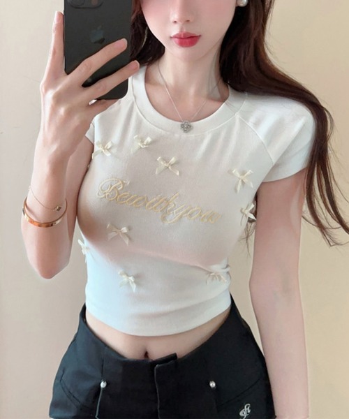 Kuroba（クロバ）の「ロゴ刺繍リボンクロップド丈Tシャツ（Tシャツ/カットソー・レディース・オフホワイト/ブラック・M/L）」の7枚目の写真