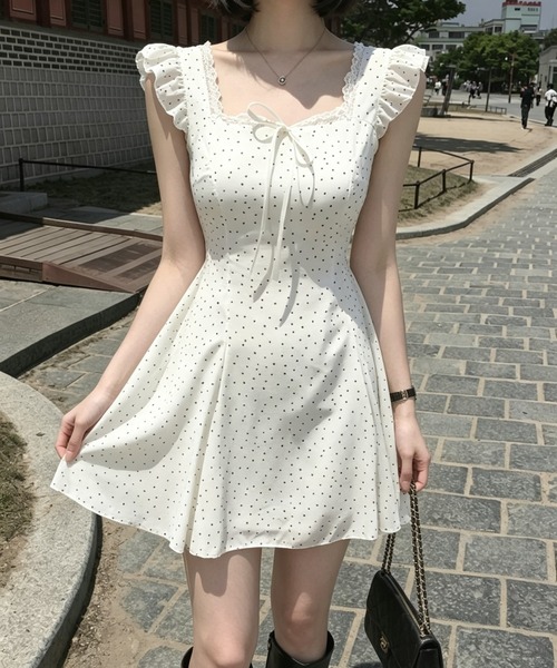 Aelina(エリナ)の「フリルノースリーブワンピース(ワンピース・レディース・ブラック/ホワイト・FREE)」の1枚目の写真