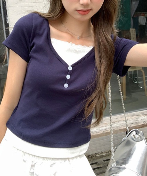 ＆soiree（アンドソワレ）の「バイカラーレイヤードボタン半袖トップス（Tシャツ/カットソー・レディース・ネイビー・LARGE/MEDIUM/SMALL）」の6枚目の写真