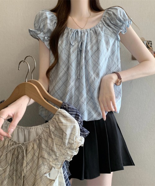 LUCPY（ラクピー）の「チェック柄リボンネックパフスリーブブラウス（シャツ/ブラウス・レディース・ホワイト/ブルー/ネイビー・FREE）」の5枚目の写真
