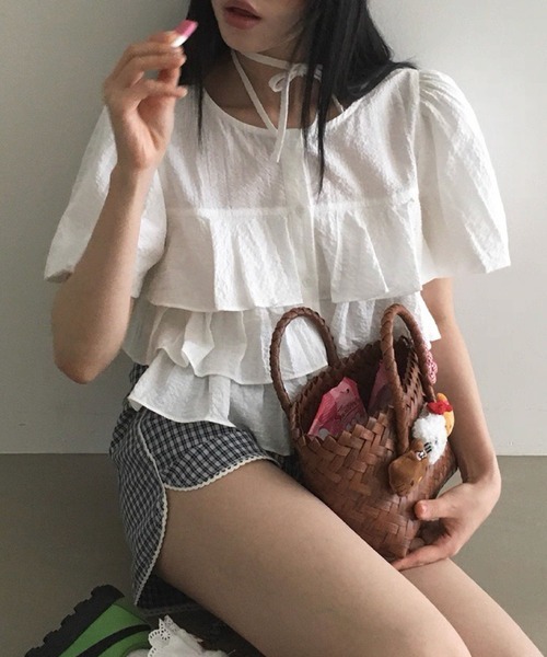 2ly2(トゥーリートゥー)の「ティアードフリル 半袖ブラウス(シャツ/ブラウス・レディース・ホワイト/ピンク・FREE)」の8枚目の写真