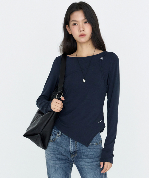 MONGDOL（モンドル）の「[SET] ワンショルダー スリーブレス レイヤードTシャツ ネイビー MDTS107NAVY（Tシャツ/カットソー・レディース・その他・F）」の2枚目の写真