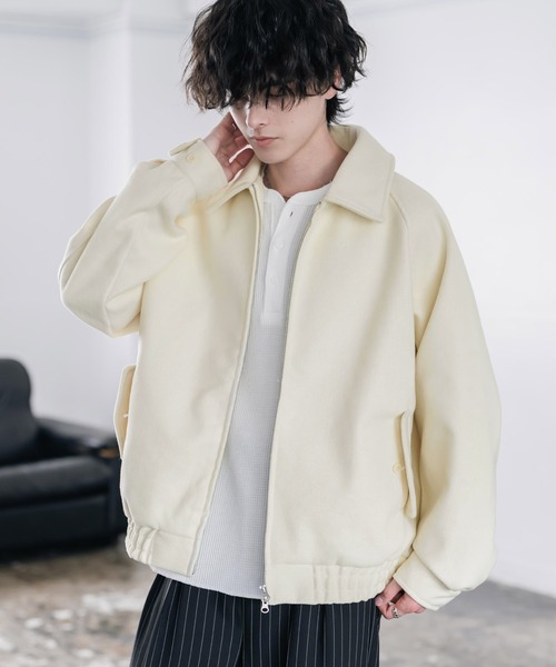 Rocky Monroe(ロッキーモンロー)の「テックメルトン ハリントンジャケット/ウールライクスタンドネックブルゾン(ブルゾン・メンズ・オフホワイト/ネイビー/グレイッシュベージュ/ブラウン/チャコール/ブラック/チェック・M/L/XL)」の2枚目の写真