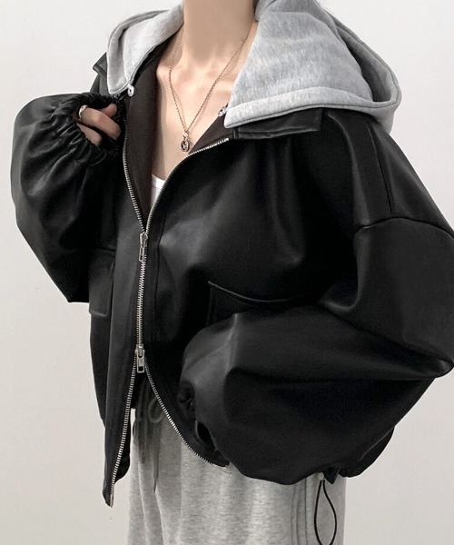 Riff(リフ)の「ダブルジップレザー風ブルゾン フード取り外し可(ブルゾン・レディース・カーキ/ブラック/クリーム・FREE)」の1枚目の写真