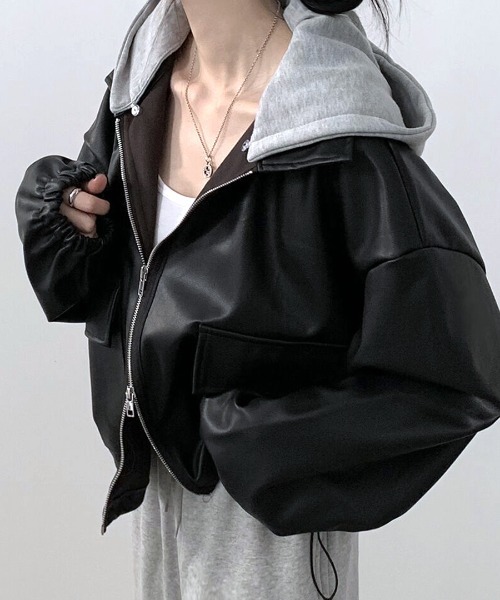 Riff(リフ)の「ダブルジップレザー風ブルゾン フード取り外し可(ブルゾン・レディース・カーキ/ブラック/クリーム・FREE)」の9枚目の写真