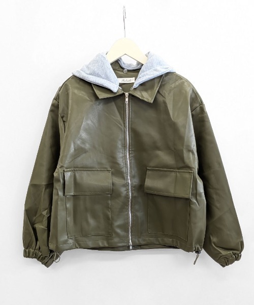 Riff(リフ)の「ダブルジップレザー風ブルゾン フード取り外し可(ブルゾン・レディース・カーキ/ブラック/クリーム・FREE)」の17枚目の写真