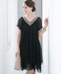 PourVous | 【二次会・女子会対応】ドレープ　シフォン素材 Aライン ドレスワンピース (ドレス)