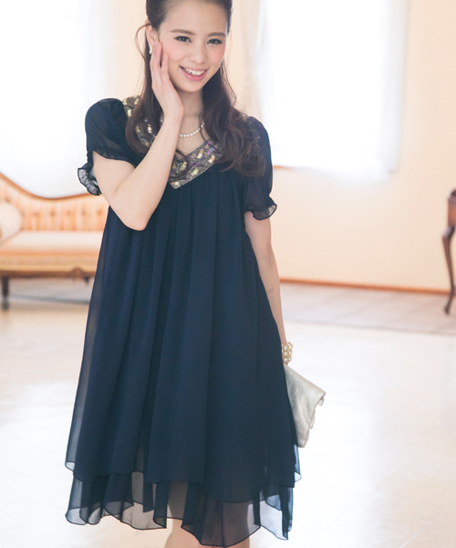 PourVous（プールヴー）の「結婚式 ワンピースドレス楊柳 シフォン 袖あり&ミニ丈 大きいサイズ フォーマル オケージョンドレス お呼ばれ 二次会 成人式 （ドレス・レディース・ブラック/ネイビー・XL/L/M/S/XXL/4L）」の10枚目の写真