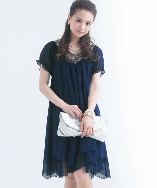 PourVous（プールヴー）の「結婚式 ワンピースドレス楊柳 シフォン 袖あり&ミニ丈 大きいサイズ フォーマル オケージョンドレス お呼ばれ 二次会 成人式 （ドレス・レディース・ブラック/ネイビー・XL/L/M/S/XXL/4L）」の9枚目の写真