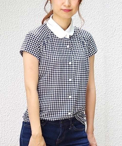 NARACAMICIE(ナラカミーチェ)の「ギンガムチェックプリントジャージー半袖シャツ(シャツ/ブラウス・レディース・ネイビー/レッド・SMALL/LARGE/MEDIUM)」の1枚目の写真