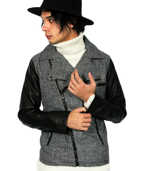 ８(eight)（エイト）の「ダブル ライダースジャケット レザージャケット（ライダースジャケット・メンズ・ブラック/チェック/チャコールグレー/ネイビー・LARGE/MEDIUM）」の4枚目の写真