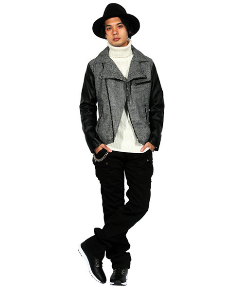 ８(eight)（エイト）の「ダブル ライダースジャケット レザージャケット（ライダースジャケット・メンズ・ブラック/チェック/チャコールグレー/ネイビー・LARGE/MEDIUM）」の8枚目の写真