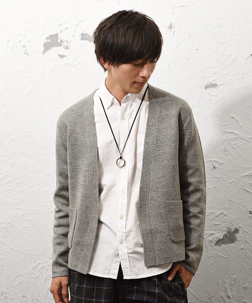 MinoriTY（マイノリティ）の「ダブルフェイスボタン無カーディガン ノーカラー（カーディガン/ボレロ・メンズ・ブラック/ネイビー/ブラウン/オフホワイト/杢グレー・M/L）」の3枚目の写真