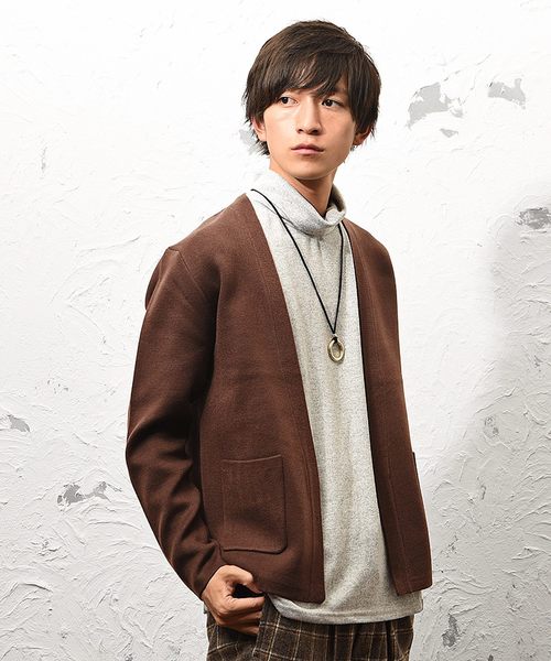 MinoriTY（マイノリティ）の「ダブルフェイスボタン無カーディガン ノーカラー（カーディガン/ボレロ・メンズ・ブラック/ネイビー/ブラウン/オフホワイト/杢グレー・M/L）」の4枚目の写真