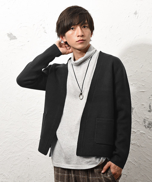 MinoriTY（マイノリティ）の「ダブルフェイスボタン無カーディガン ノーカラー（カーディガン/ボレロ・メンズ・ブラック/ネイビー/ブラウン/オフホワイト/杢グレー・M/L）」の2枚目の写真
