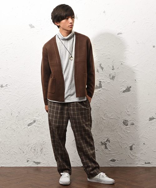 MinoriTY（マイノリティ）の「ダブルフェイスボタン無カーディガン ノーカラー（カーディガン/ボレロ・メンズ・ブラック/ネイビー/ブラウン/オフホワイト/杢グレー・M/L）」の6枚目の写真