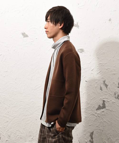 MinoriTY（マイノリティ）の「ダブルフェイスボタン無カーディガン ノーカラー（カーディガン/ボレロ・メンズ・ブラック/ネイビー/ブラウン/オフホワイト/杢グレー・M/L）」の16枚目の写真