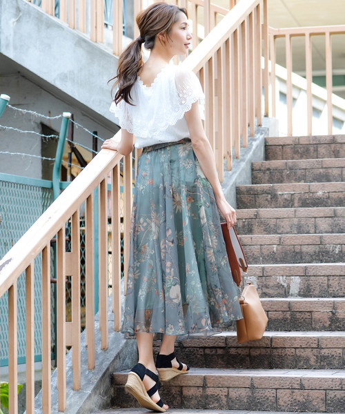 セール】花柄シースルーシアーグラデーションマキシ丈フレア