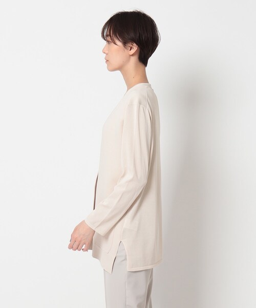 インディヴィINDIVIノーカラーニットジャケット38白グレー INDIVI（インディヴィ）の「◇「S」ノーカラーニットジャケット（ノー