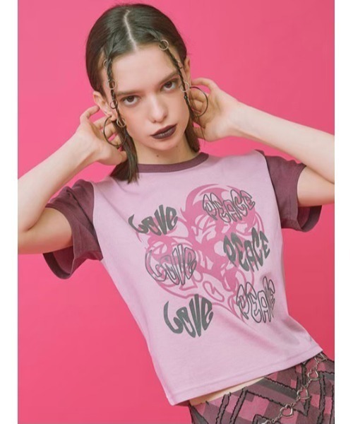 CRANK（クランク）の「【CRANK】LOVE PEACE PRINT T（Tシャツ/カットソー・レディース・ピンク/スカイブルー/ライトピンク/ライトイエロー・ONE SIZE）」の1枚目の写真