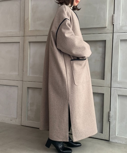 moment+（モーメントプラス）の「【マルチウェイ】キルティングライナー付きニットメルトンパイピングノーカラーロングコート★２Pセット（ノーカラーコート・レディース・チャコールグレー/ブラック/ベージュ/ブラウン/オレンジ/グリーン/アイボリー/グレー系その他/ブラウン系その他・S/M/L）」の13枚目の写真