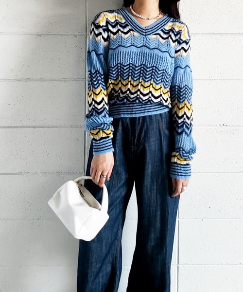 me+em select(ミームセレクト)の「じぐざぐ配色オーバーウールブレンドニット【数量限定販売】(ニット/セーター・レディース・グリーン/ブルー/オレンジ・FREE)」の8枚目の写真