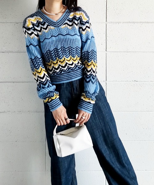 me+em select(ミームセレクト)の「じぐざぐ配色オーバーウールブレンドニット【数量限定販売】(ニット/セーター・レディース・グリーン/ブルー/オレンジ・FREE)」の15枚目の写真